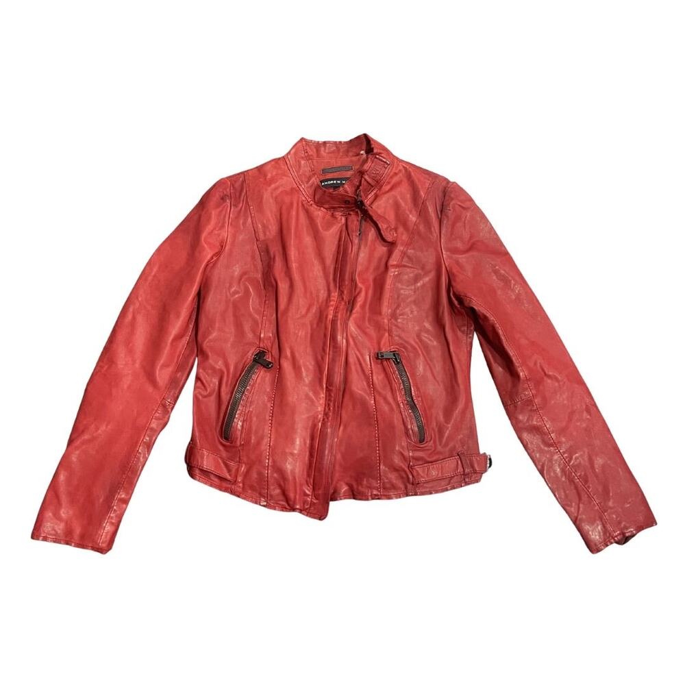 Andrew Marc Women Red Leather Fitted Moto Jacket Size XL Biker Vintage Aviator